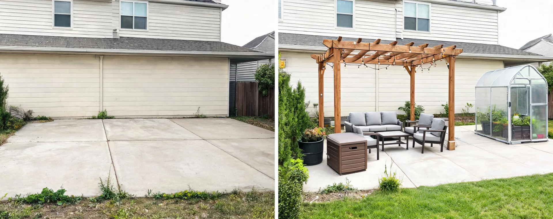 Empty patio transformed into organized outdoor collection layout