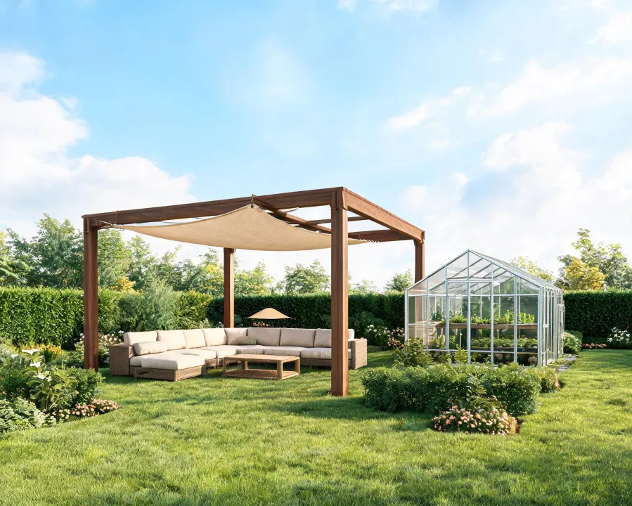 Outsunny patio structures and outdoor furniture in coordinated finishes