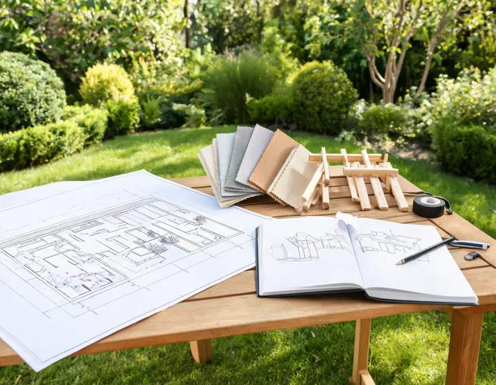Outdoor planning table with patio measurements and product samples