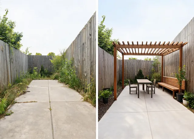 Narrow patio with pergola and compact seating